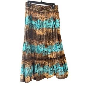 Y2kPaisley Tiered Maxi Skirt Sequin Turquoise Brown Cotton 8 Fairy Festival Boho